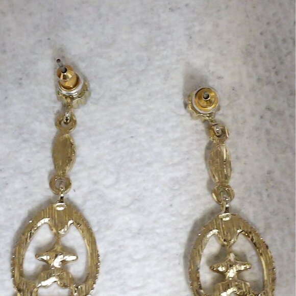 Dangle Earrings Gold Tone Metal Rhinestones Spiky Drop Chandelier Style 3.5" L - Picture 7 of 8